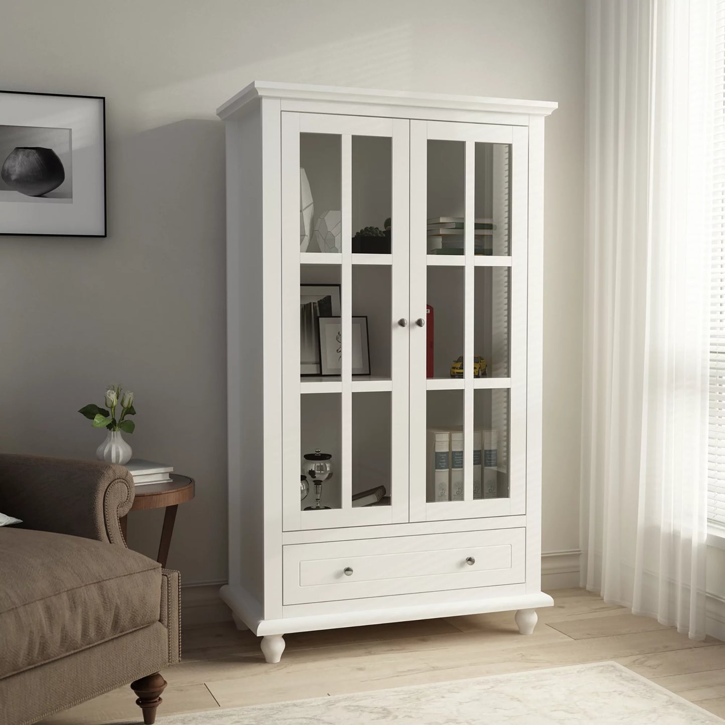 MONSLIPA Display Cabinet with 2 Tempered Glass Doors, Storage Cabinet with 3 Shelves an 2 Deep Drawers, White