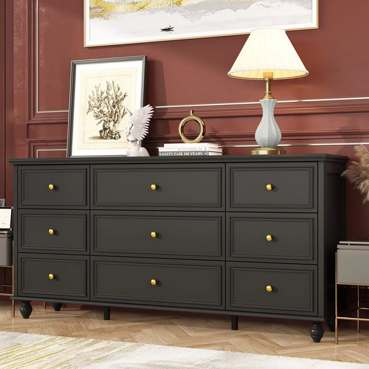 MONSLIPA 9 Drawer Double Dresser, Modern Wood Chest of Drawers for Bedroom Living Room Black