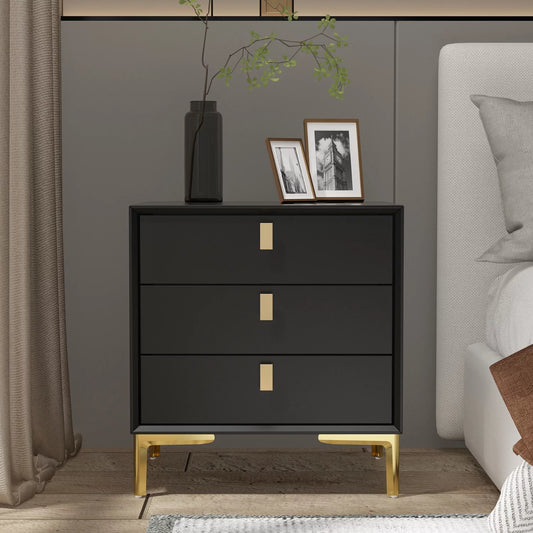 MONSLIPA Nightstand End Table with 3 Drawers, Black Bedside Table with Gold Metal Legs for Bedroom and Living Room