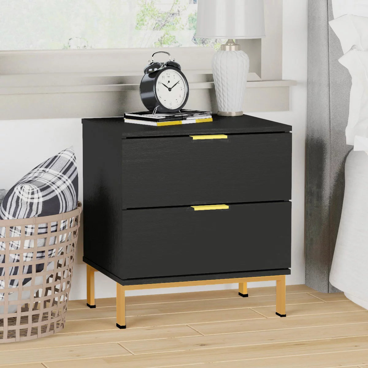 MONSLIPA Nightstand with 2 Drawers, Set of 2 End Table Storage Wood Cabinet Bedroom Accent Side Table, Black