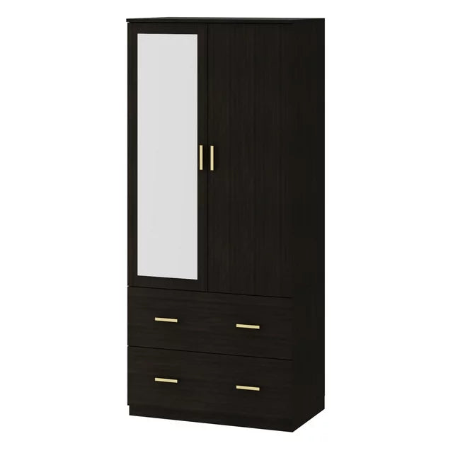 MONSLIPA Modern Wardrobe Amoire with Mirror,2 Drawers and Hanging Rod for Bedroom in Espresso