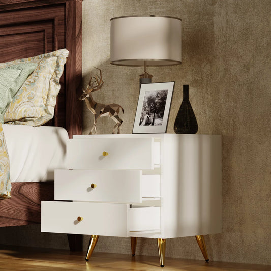 MONSLIPA White Nightstand Bedside Table with 3 Storage Drawers for Bedroom