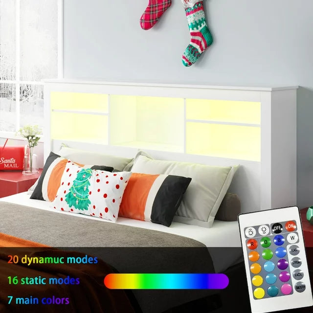 MONSLIPA LED Lights Headboard with Outlets and USB Ports, Bookcase Storage Headboard with Remote, White