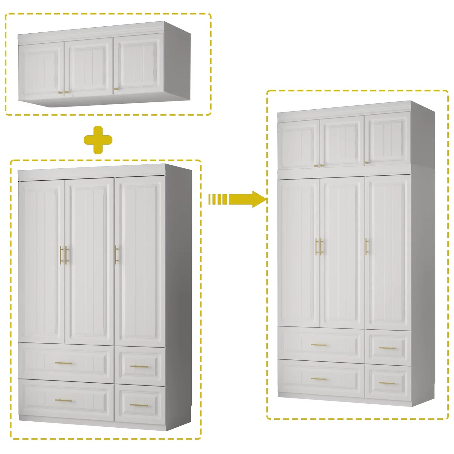 MONSLIPA White Wardrobe Armoire with Hanging Rod, Top Cabinet and Drawers for Bedroom