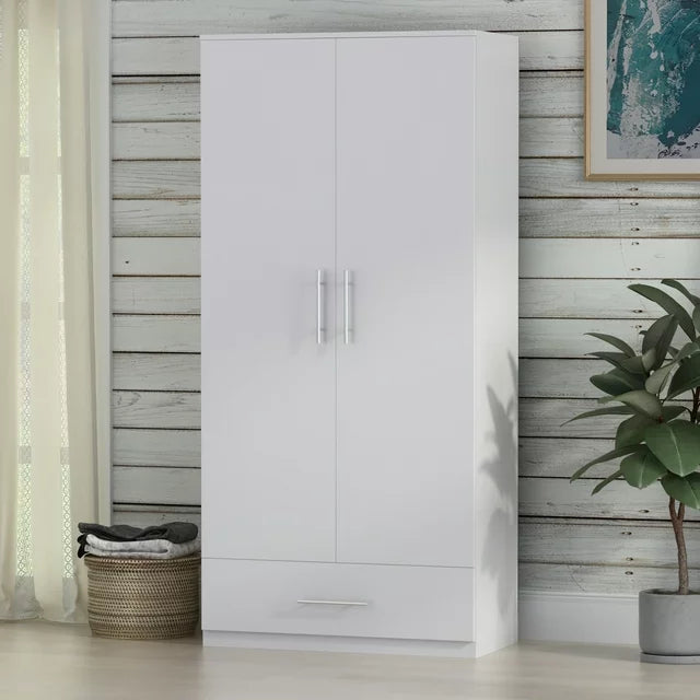 MONSLIPA Modern 2- Door Wardrobe Armoires with Drawer and Hanging Rod, White