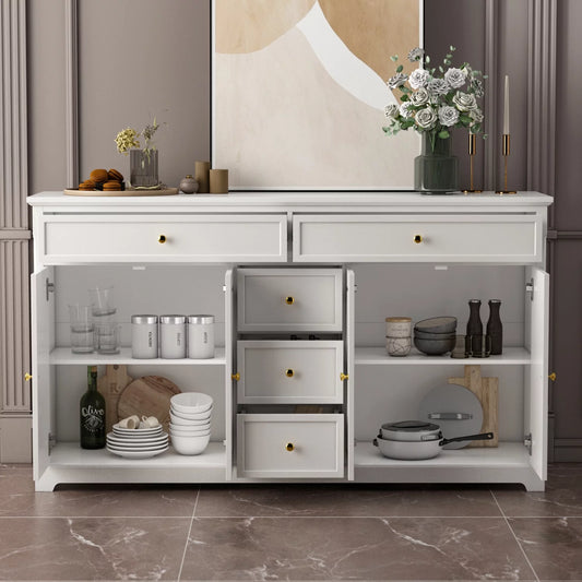 MONSLIPA Kitchen Storage Cabinet, White Buffet Server Cupboard, Floor Sideboard Cabinet with 4 Doors and 5 Drawers for Living Room