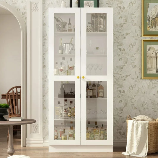 MONSLIPA Display Curio Cabinet with Tempered Glass Door, Bar and Liquor Storage Area with 6 Shelves - White