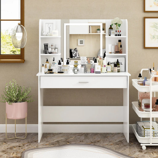 MONSLIPA Makeup Vanity Desk with Lighted Mirror, Dressing Table with Drawers and Shelves for Bedroom