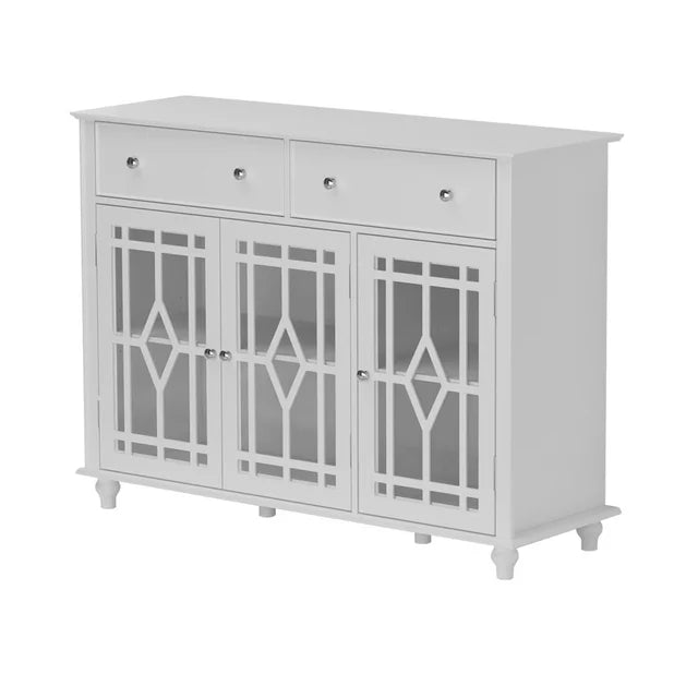 MONSLIPA 3-Door Buffet Sideboard with Drawer, White Accent Storage Cabinet with Glass Door for Entryway Kitchen Dining Room, 47.2"