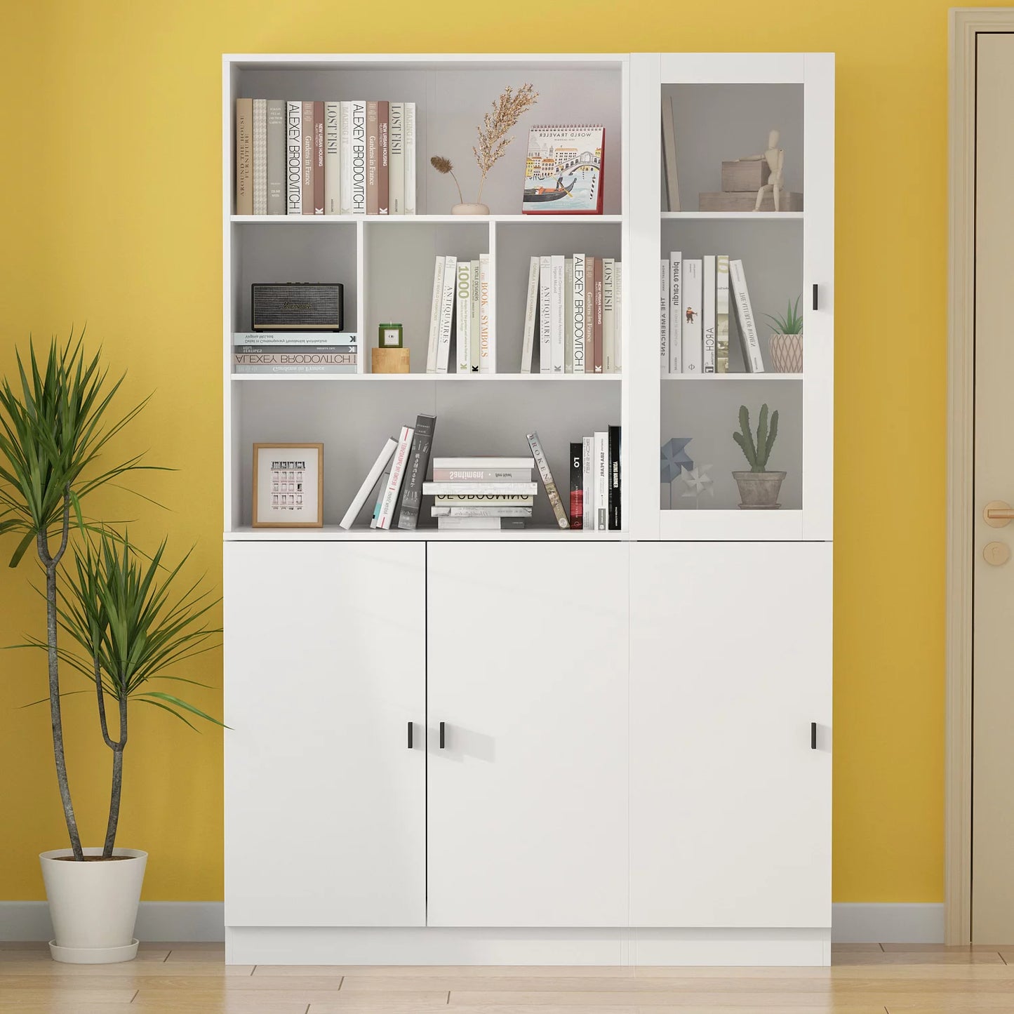 MONSLIPA Large Bookcase Storage Cabinet Set, Display Storage Organizer with Glass Door and Open Shelves for Home Office Living Room,White