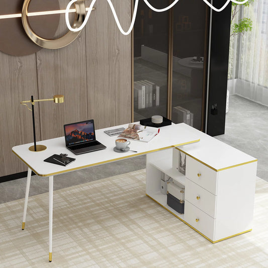 MONSLIPA L Shaped Desk with Storage Shelf and 3 Drawers, Home Office Writing Desk Workstation with Metal Legs, White, 55.1"