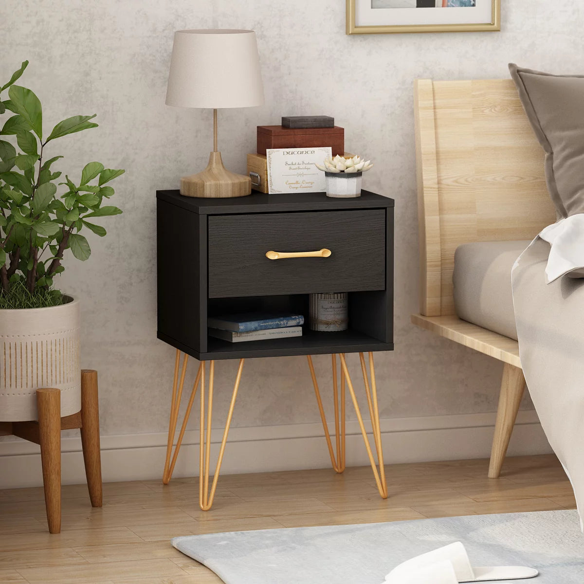 MONSLIPA Nightstand with Drawer and Open Shelf, Metal Frame End Side Table for Bedroom