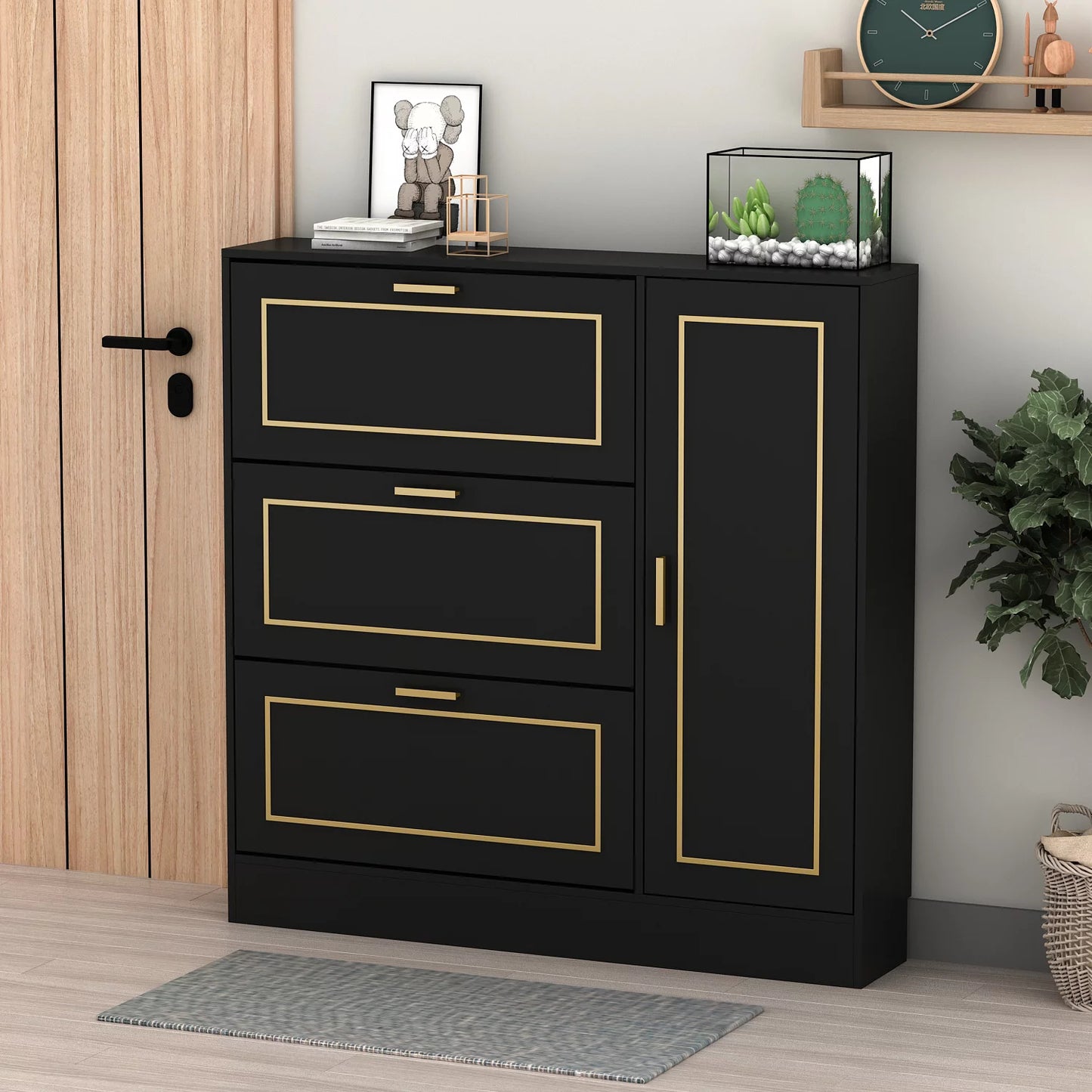 MONSLIPA 3 Drawer Shoe Cabinet Cupboard, Stand Standing Shoe Storage Organizer, Shoe Cupboard for Living Room Hallway Cloakroom Entryway, Black&Gold