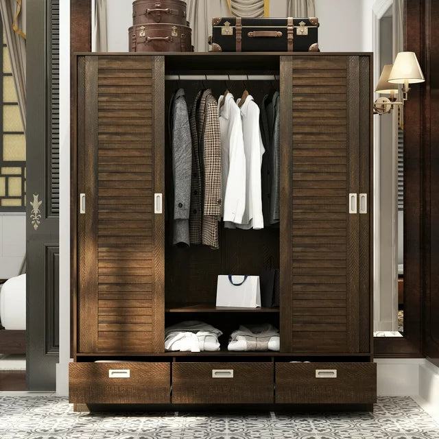 MONSLIPA Wardrobe with 3 Sliding Louvered Doors, Wood Armoire Closet Storage Cabinet with Drawer and Hanging Rods for Bedroom, Espresso