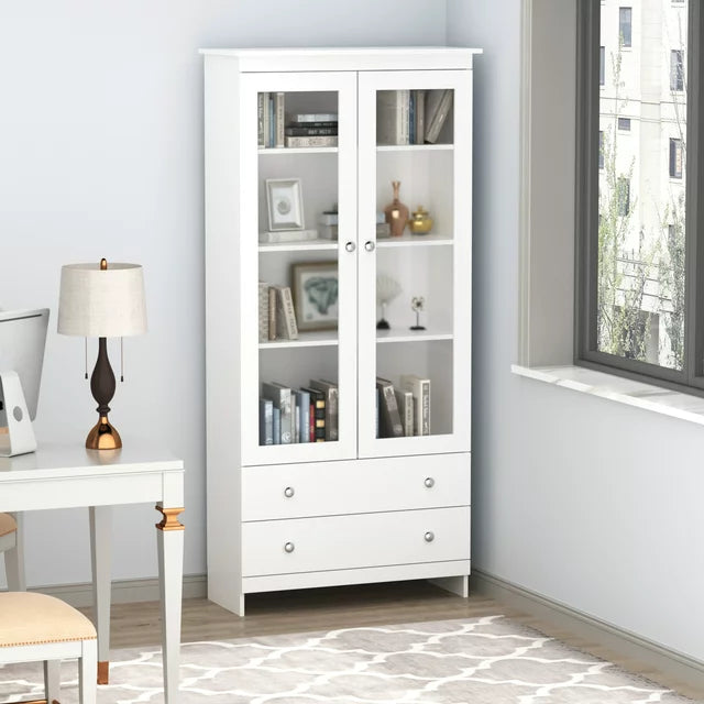 MONSLIPA White 70.7"H Tall Curio Cabinet with 2 Drawers, Bookcase Display Storage Cabinet