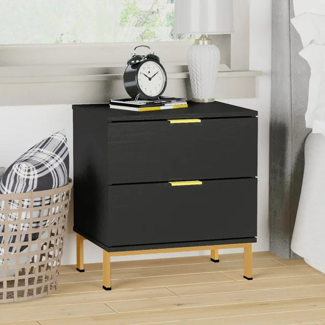 MONSLIPA Nightstand with 2 Drawers, End Table Storage Wood Cabinet Bedroom Accent Side Table, Black