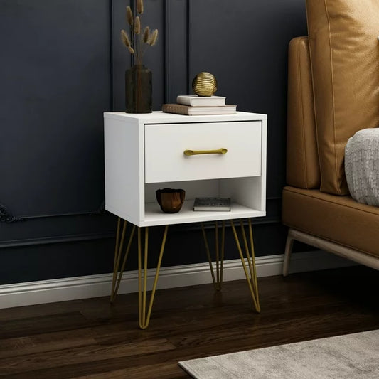 MONSLIPA Nightstand with Drawer and Shelf, White End Side Table with Metal Legs for Bedroom