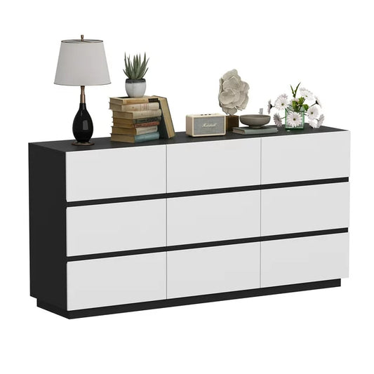 MONSLIPA 9 Drawer Dresser, Modern Chest of Drawer Dresser for Bedroom Hallway, White & Black