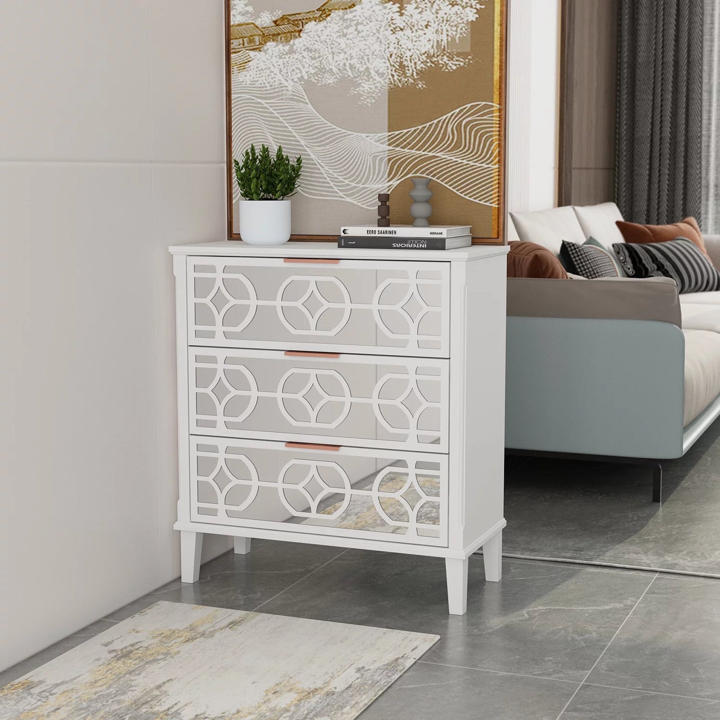 MONSLIPA Decorative Mirrored End Table with 3 Drawer, White Accent Storage Cabinet for Living Room