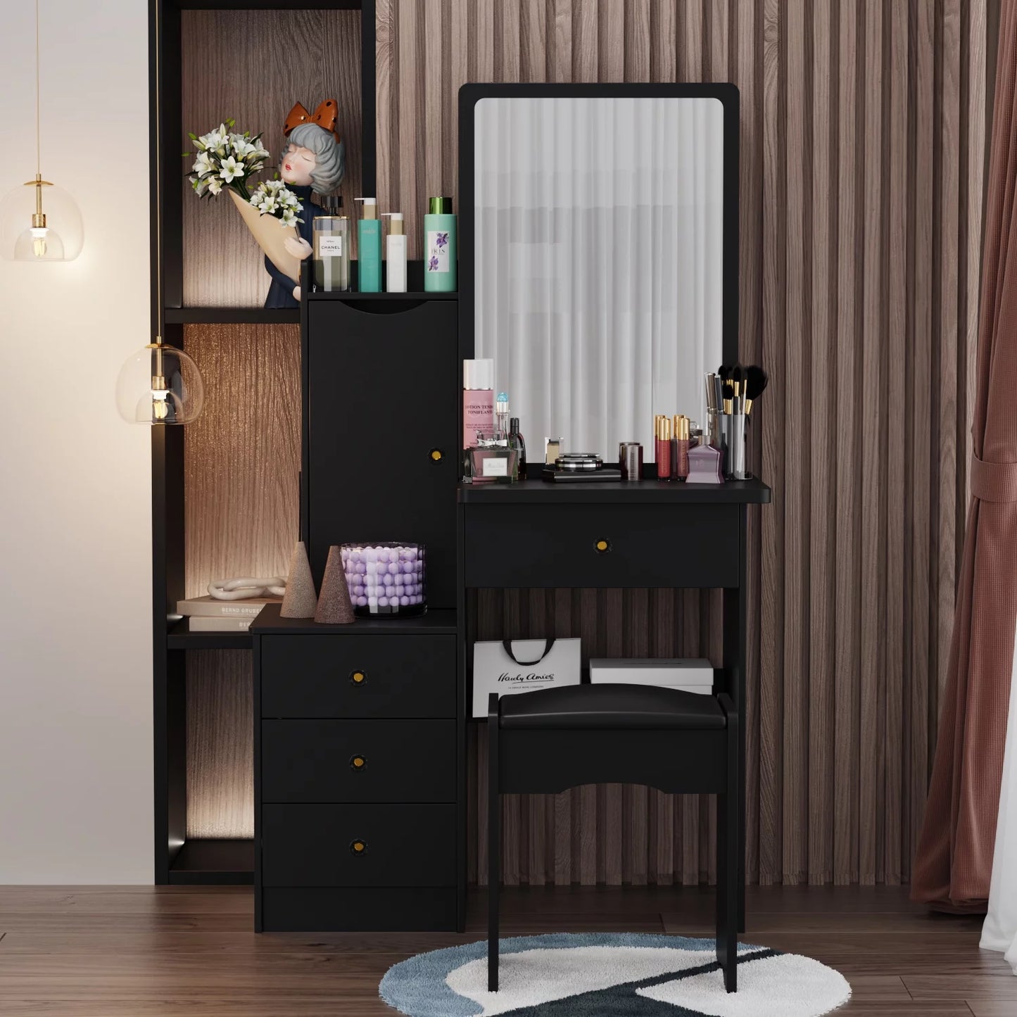 MONSLIPA Vanity Set with Mirror, Makeup Dressing Table with 4 Drawers for Bedroom, Black