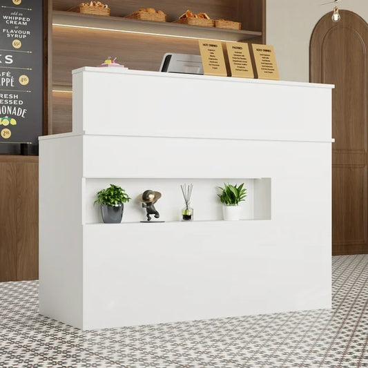 MONSLIPA Reception Desk w/LED Light, 47.2inch Durable Front Counter with ample storage, White