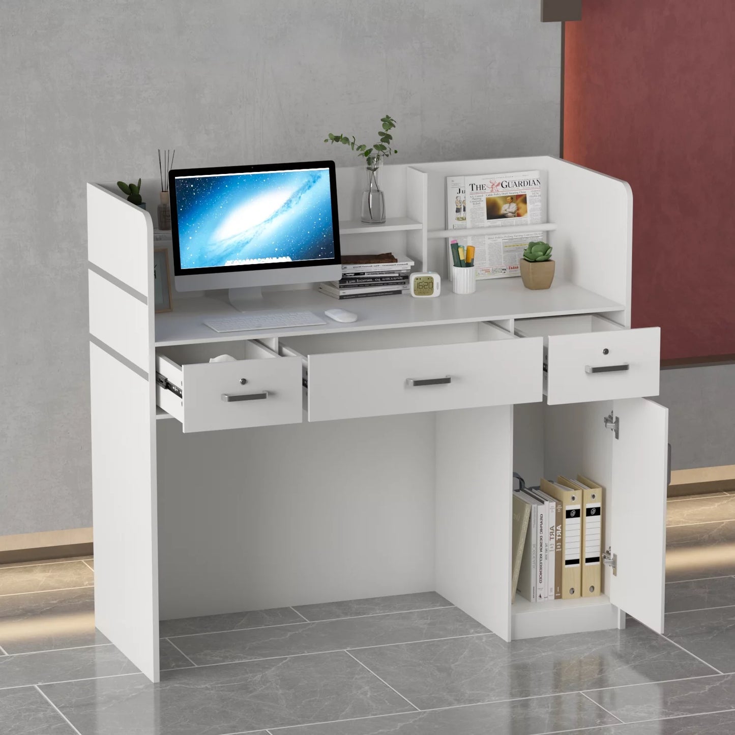 MONSLIPA Reception Desk with Drawers and Hutch, White Office Restaurant Beauty Salon Shop Furniture