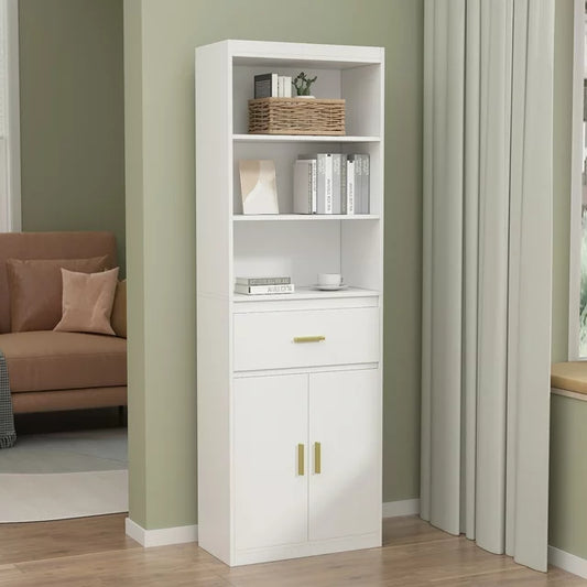 MONSLIPA Freestanding 2- Door Bookcase Storage Cabinet with 3 Shelves and Drawer, 70.8" H, White