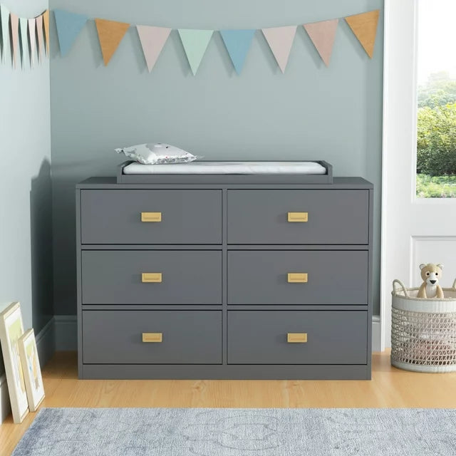 MONSLIPA 6 Drawer Double Dresser, Nursery Dresser Chest with Changing Table Top, Gray