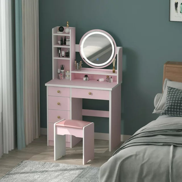 MONSLIPA Modern Vanity Table with Mirror, LED Lights, Makeup Dressing Table with Lighted Mirror, Stool, Open Shelves and 4 Drawers, Pink, Ideal for Bedroom, Girlfriend Gift