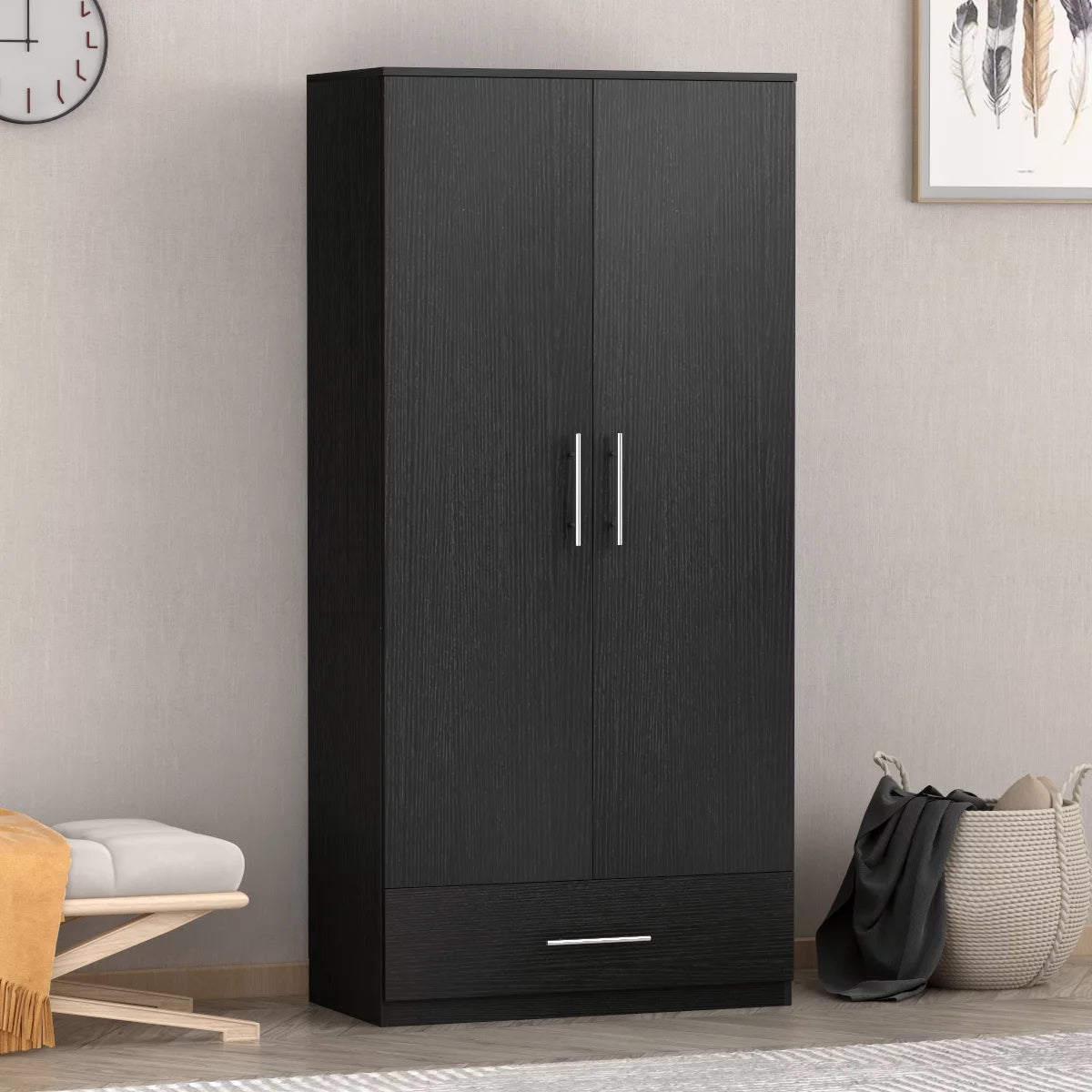 MONSLIPA Modern 2- Door Wardrobe Armoires with Drawer and Hanging Rod, Black