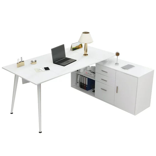 MONSLIPA L Shaped Desk, 63" Corner Desk Computer Writing Table with File Cabinet for Home Office, White