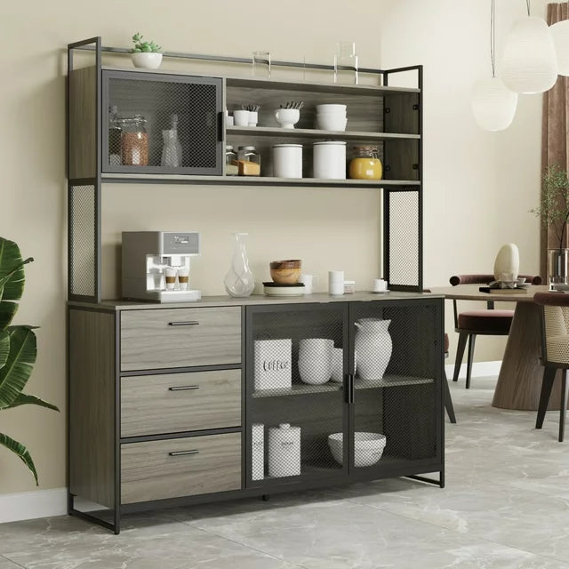 MONSLIPA Kitchen Pantry Storage Cabinet, Sideboard Buffet with Hutch, Metal Mesh Door and 3 Storage Drawers, Gray