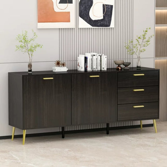 Timechee Kitchen Buffet Sideboard, Storage Cabinet Cupboard with 2 Door and 3 Drawers for Dining Room, Black