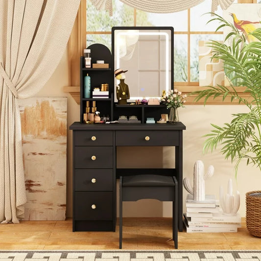 MONSLIPA Vanity Set with Lighted Mirror, Makeup Dresse Table with 5 Drawers and Open Shelves, Cushioned Stool ( Black )