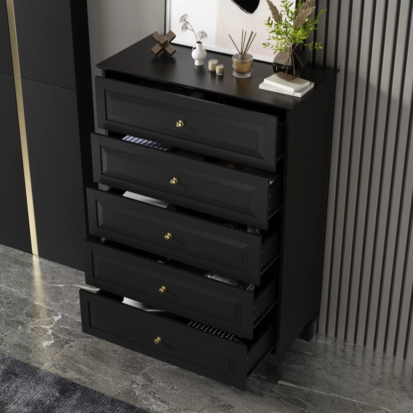 MONSLIPA 5 Drawer Dresser Storage Organizer, Chest of Drawers for Bedroom Living Room Hallway Black