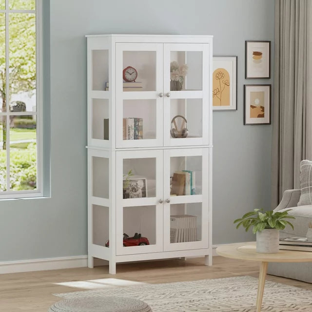 MONSLIPA 4 Tier Shelf Bookcase Cabinet, 4 Doors Home Office Tower Media Organizer, White