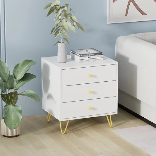 MONSLIPA Set of 2 Nightstand Bedside Table, White End Side Table with 3 Storage Drawers for Living Room Bedroom