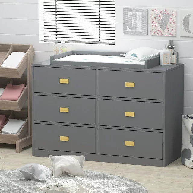 MONSLIPA 6 Drawer Double Dresser, Wooden Nursery Dresser Chest with Changing Table Top, Gray