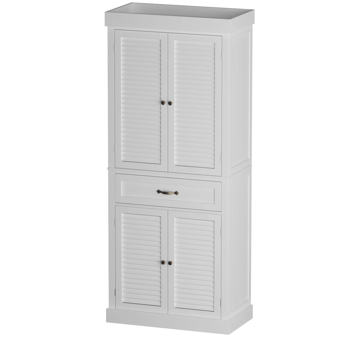 MONSLIPA Kitchen Pantry with Shutter Door, 71.6" Tall Storage Cabinet with Adjustable Shelves and Drawer, White