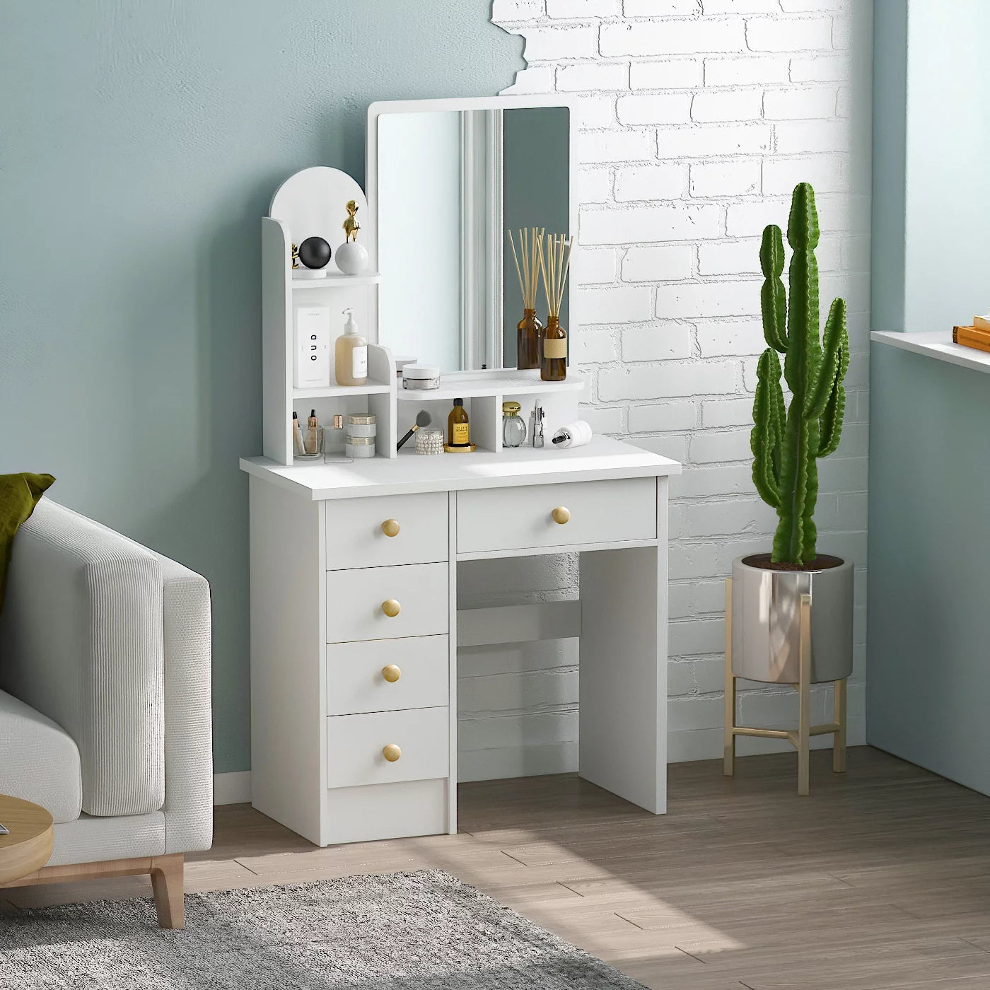 MONSLIPA Makeup Vanity Dressing Table with Lighted Mirror and 5 Drawers, Shelves, Dresser Desk with Cushioned Stool