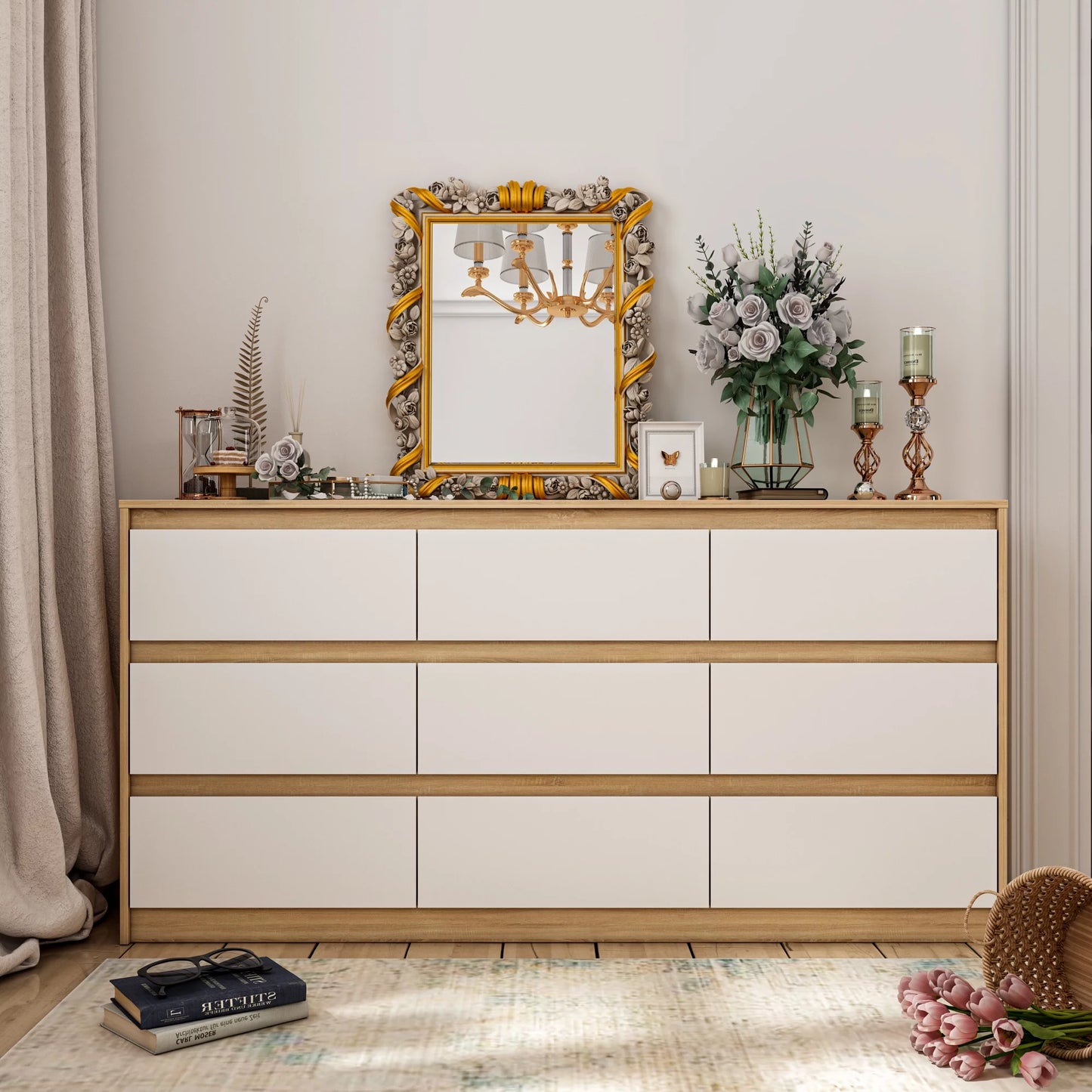 MONSLIPA Chest of Drawers 9 Drawer Dresser, Modern Wooden Storage Dresser for Bedroom Hallway, White and Oak