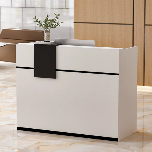 MONSLIPA Reception Desk with Hutch, Home Office Computer Writing Desk with Locked Drawer and Cabinet, White