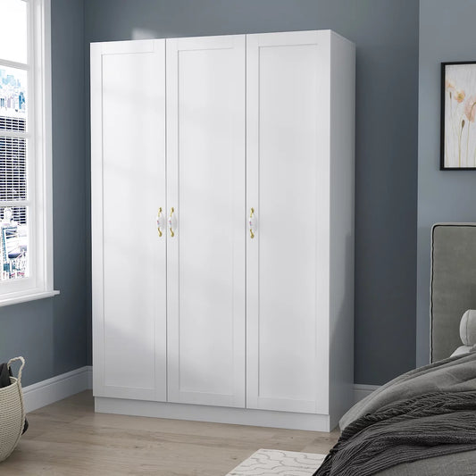 MONSLIPA Modern 3-Door Wardrobe Armoire with Hanging Rod, White