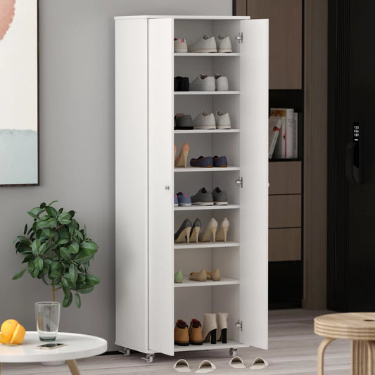 MONSLIPA 71" H Tall White Shoe Storage Cabinet with Wheels, 8 Tier Storage Organizers for Entryway