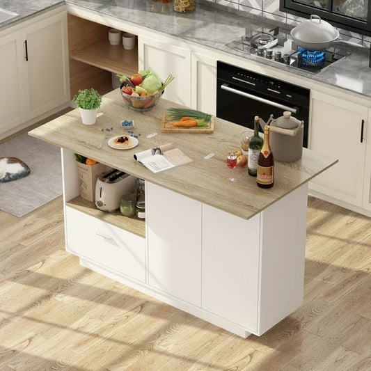 MONSLIPA Kitchen Island with Drop Leaf Countertop, Kitchen Storage Cabinet with Open Shef and Drawer for Dining Room