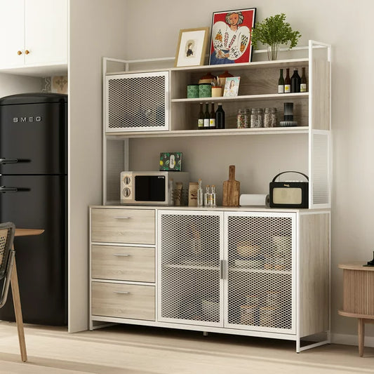 MONSLIPA Kitchen Pantry Storage Cabinet, Sideboard Buffet with Hutch, Metal Mesh Door and 3 Storage Drawers, Oak