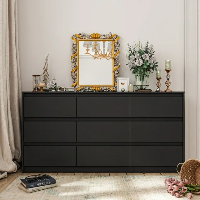 MONSLIPA Chest of Drawers 9 Drawer Dresser, Modern Wooden Storage Dresser for Bedroom Hallway, Black