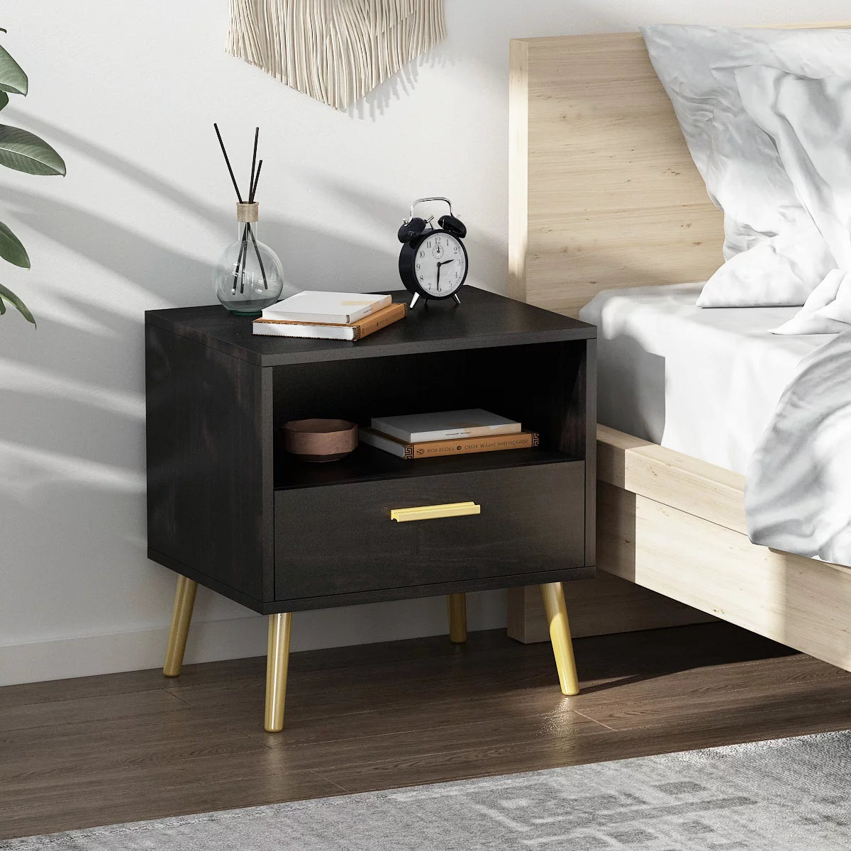 MONSLIPA Nightstand with Drawer and Open Shelf , Bedside Table for Bedroom Living Room, Black