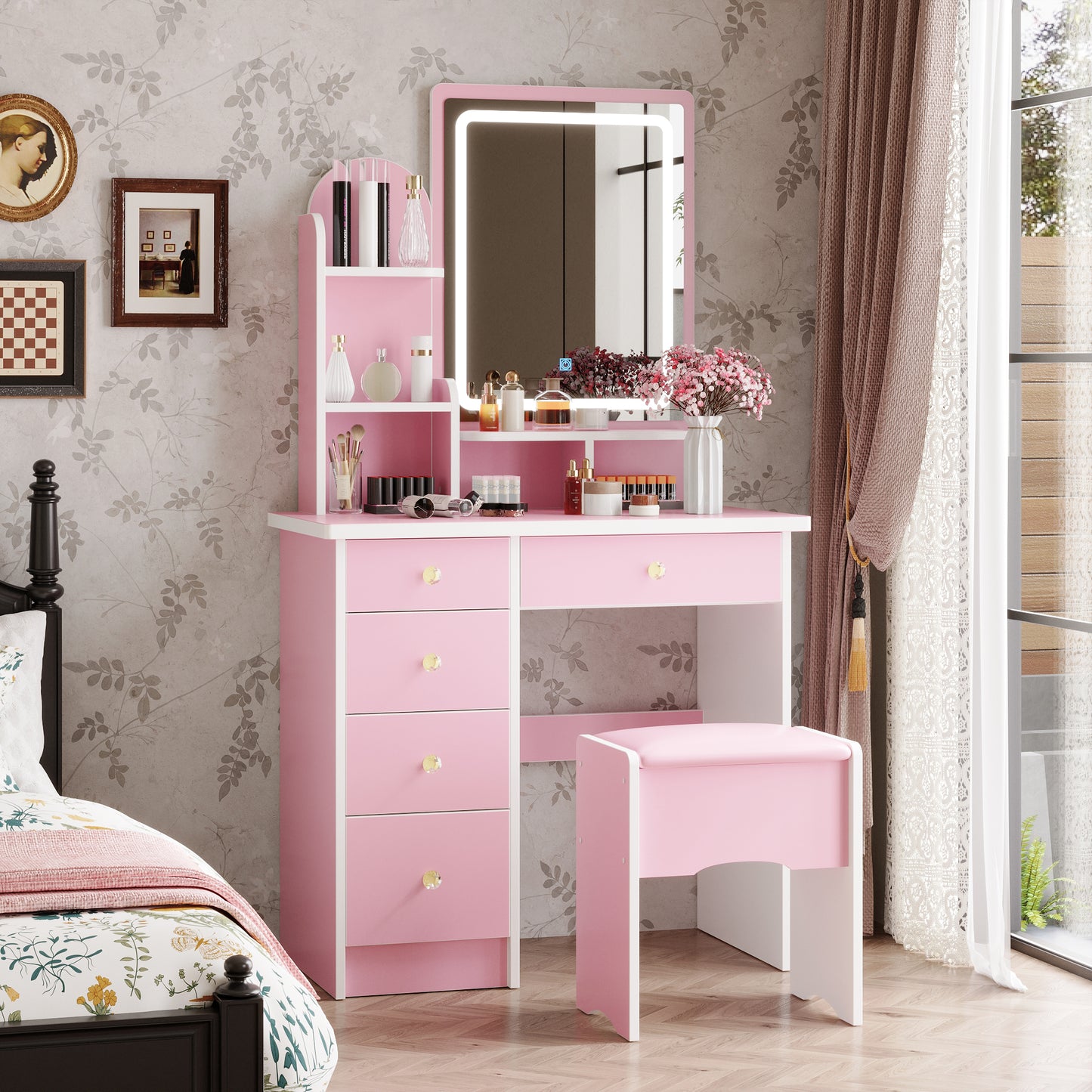 MONSLIPA Pink Finish Vanity Table Set for Girls with Lighted Mirror, 5 Drawers, Shelves, Stool