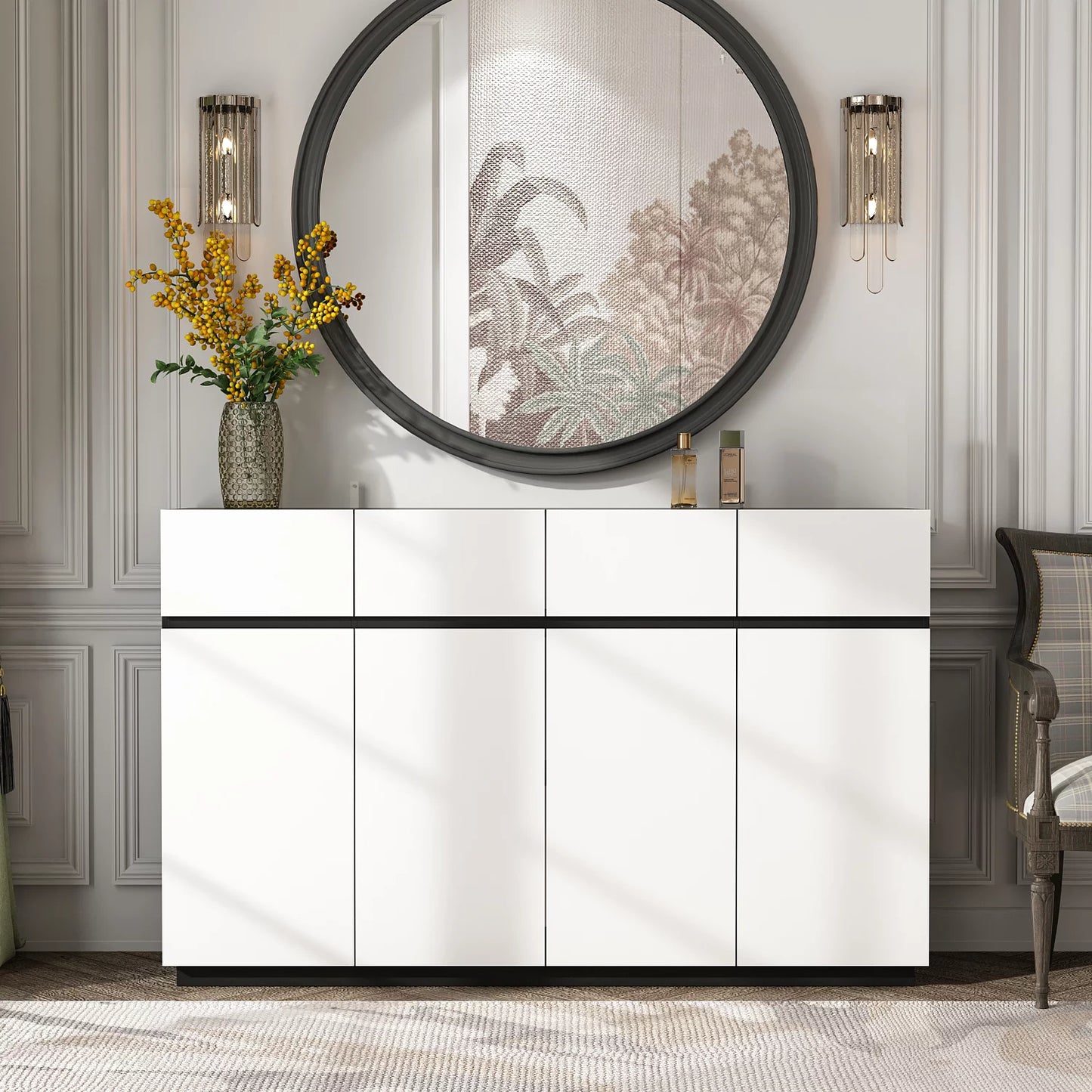 MONSLIPA Buffet Sideboard Credenza with 4 Drawers, Kitchen Credenza Storage Cabinet for Hallway Entryway, White